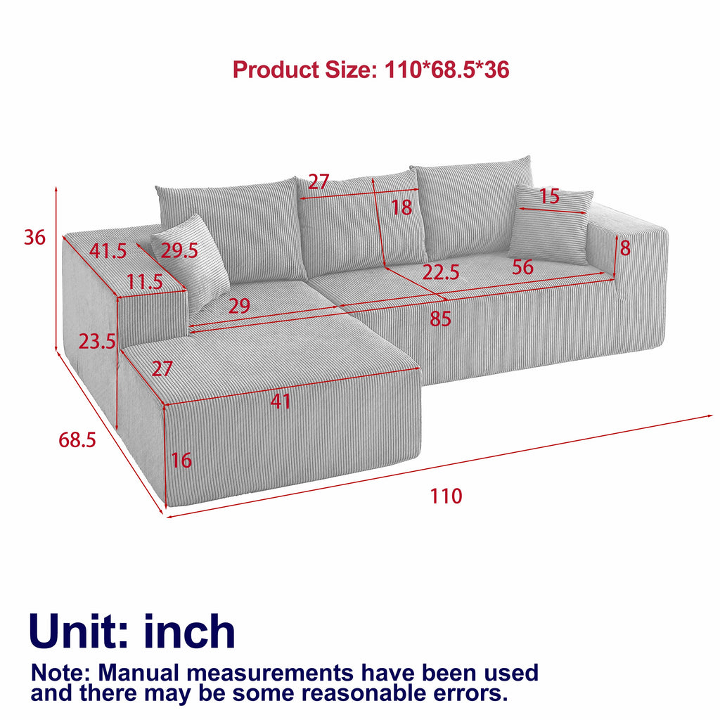 Modern Corduroy Upholstered Sectional Sofa Couch Set,Modular 108" L Shaped Sectional Living Room Sofa Set With 5 Pillows