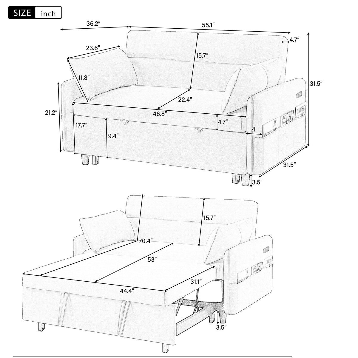 55.1" Pull Out Sleep Sofa Bed Loveseats Sofa Couch With Adjsutable Backrest, Storage Pockets, 2 Soft Pillows, USB Ports