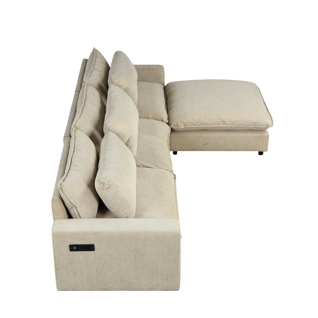 128" Sectional Sofa Cloud Sofa Chenille Upholstered Sofa  Couch With Movable Ottoman, Comfortable Seat Cushions, Chargin