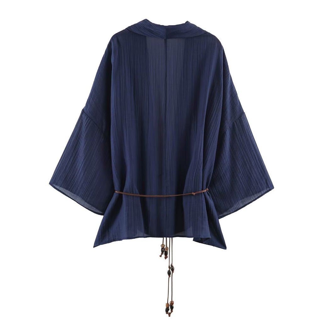 Loose semi transparent pleated effect jacket+pants set for women
