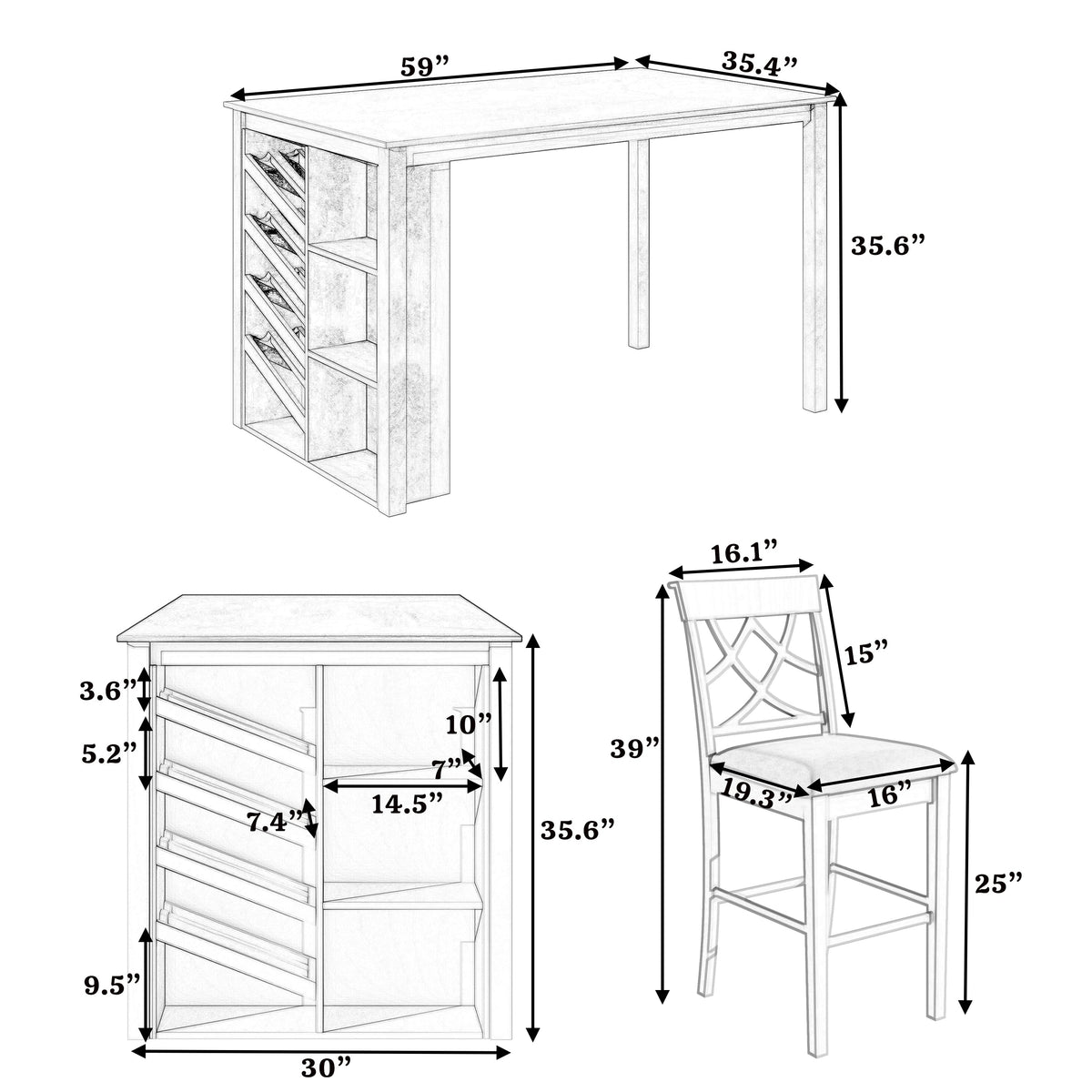 Updated Counter Height 5-Piece Solid Wood Dining Table Set, 59*35.4Inch Table With Curved Wine Rack and 4 Upholstered Ch