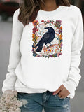 Crow print round neck fleece hoodie