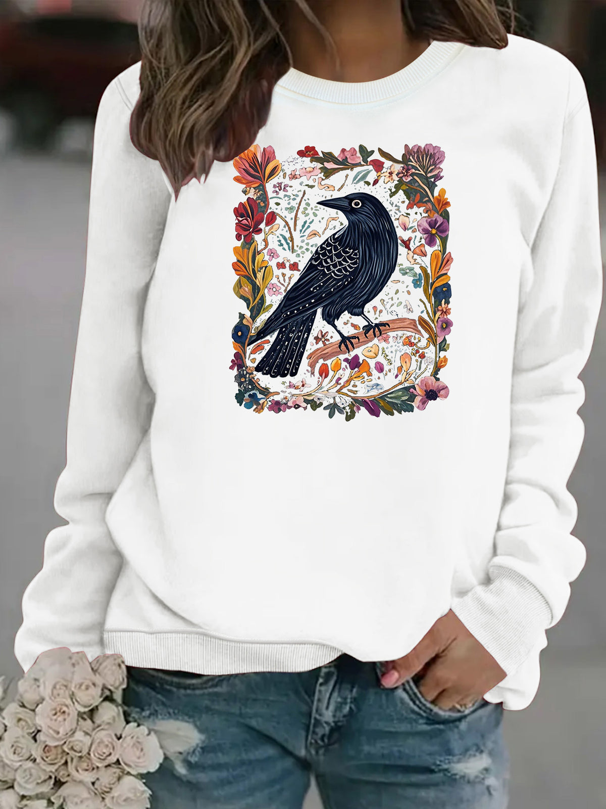 Crow print round neck fleece hoodie