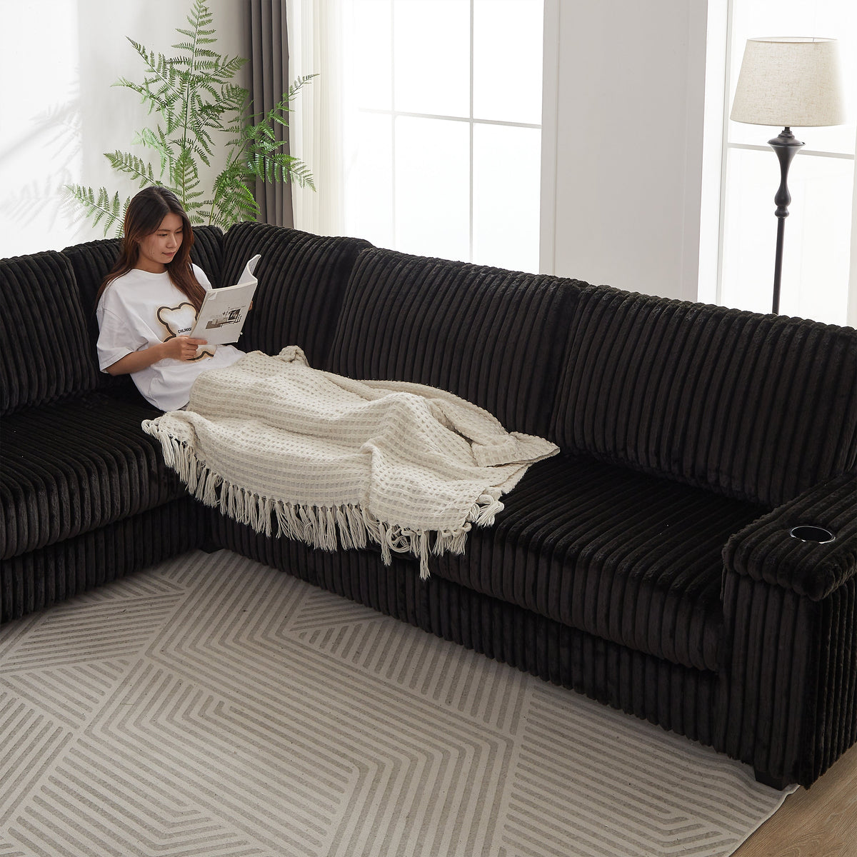 110-Inch Oversized Corduroy Corner Sofa,L Shaped Corner Couch With Two Storage Spaces,USB Port & T-Pyce Port and Cup-Hol
