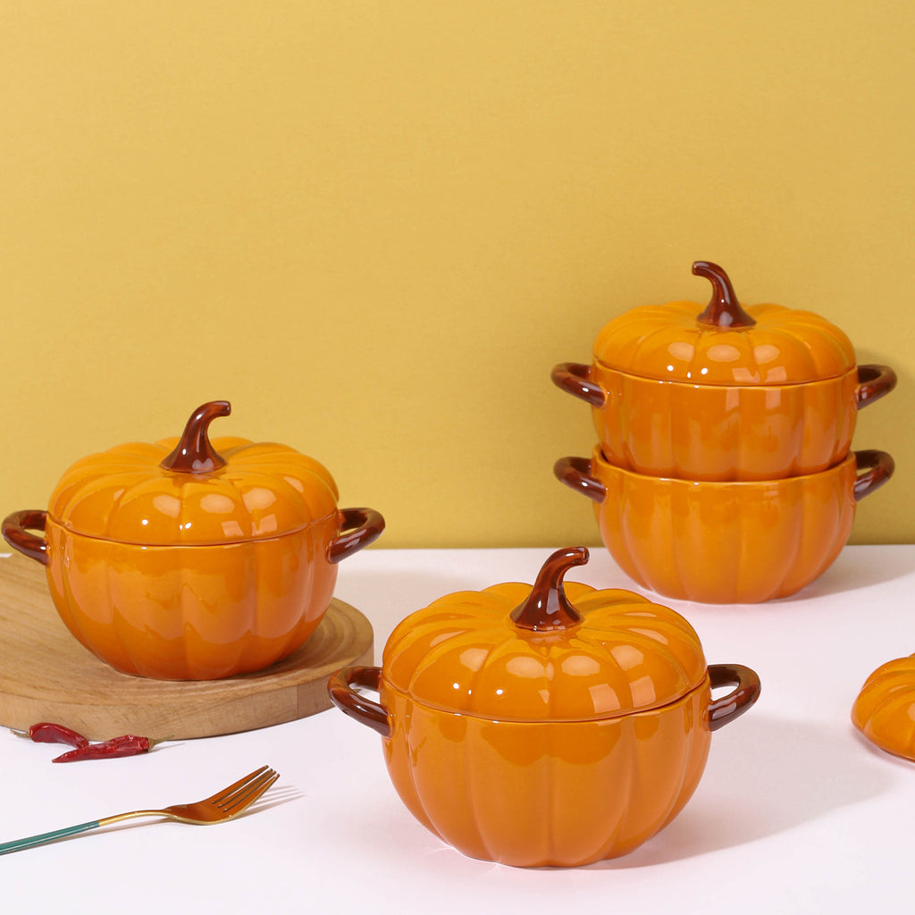 Cute Pumpkin Shape Ceramic Soup Bowl with Lid &amp; Double Handles, Noodle Serving Bowl for Home Kitchen