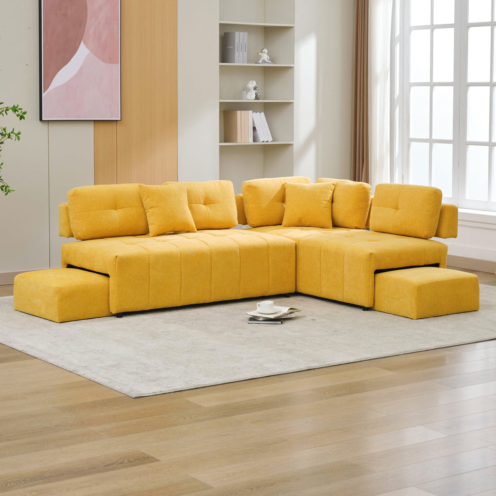 91.73" L-Shaped Sofa Sectional Sofa Couch With 2 Stools and 2 Lumbar Pillows for Living Room, Yellow