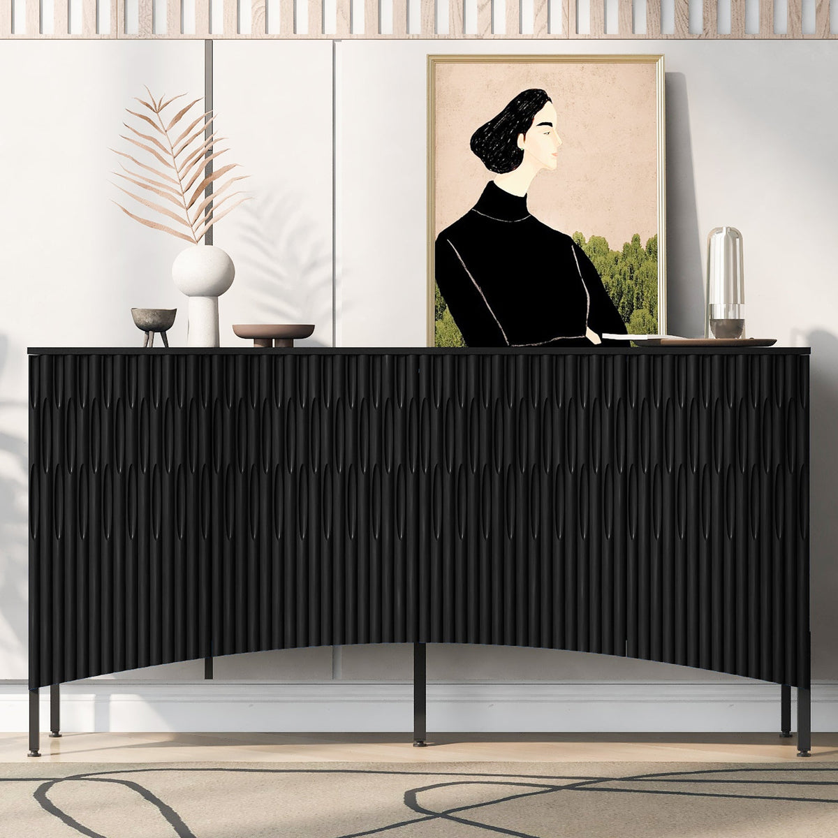 Elegant Sideboard Featuring Curved Bottom Doors With Arched Groove Design in a Stylish Four-Door Layout,Suitable for Liv
