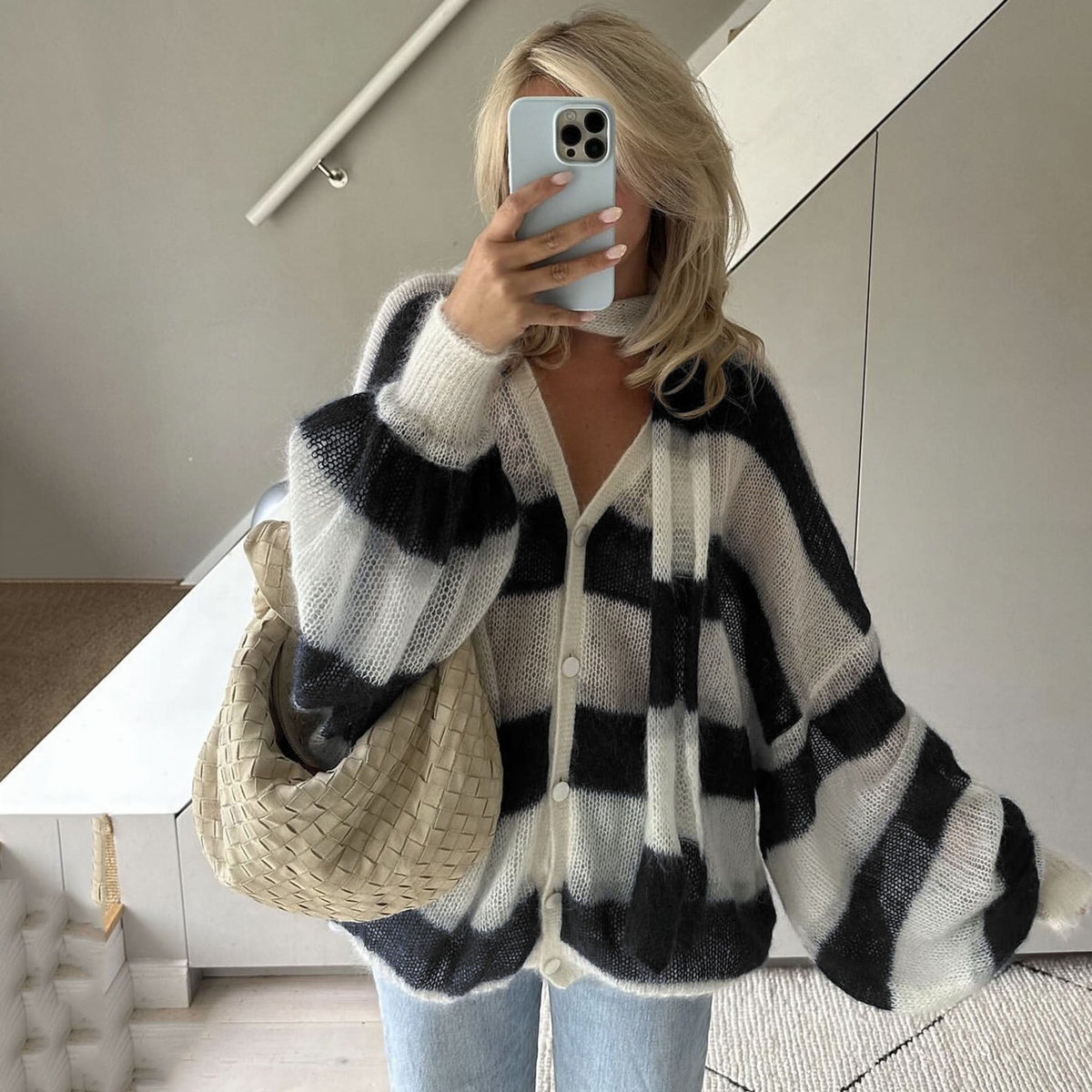 Loose and Idle Striped Sweater Cardigan With Scarf