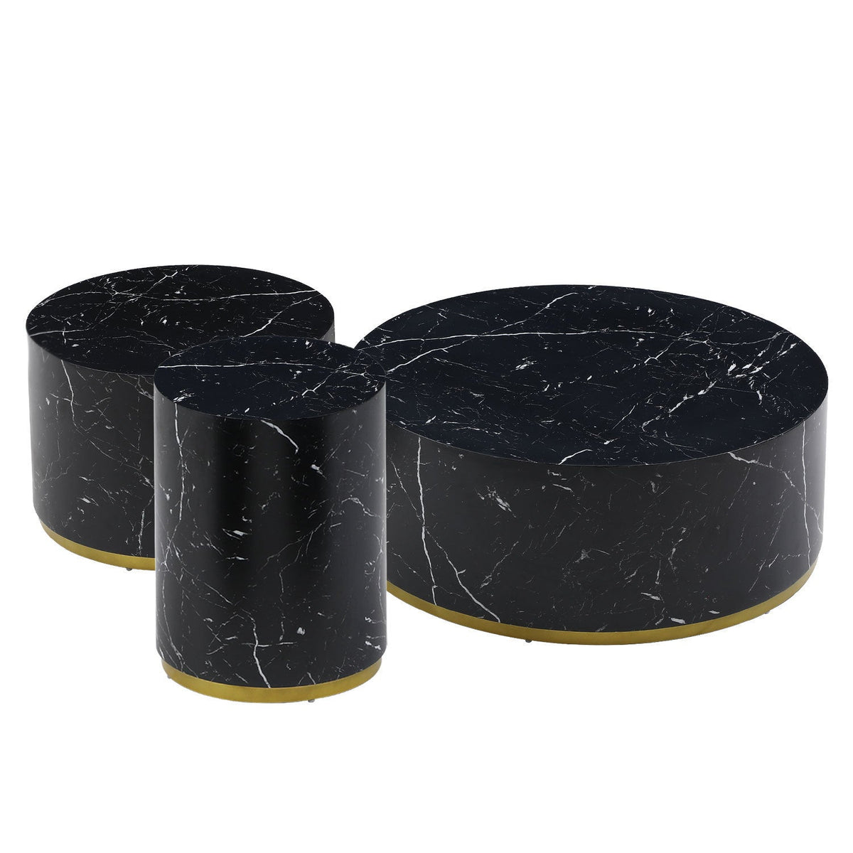 Set of 3 Black Marble Pattern  Round Coffee Table Side Table End Table Set for Living Room Fully Assembled