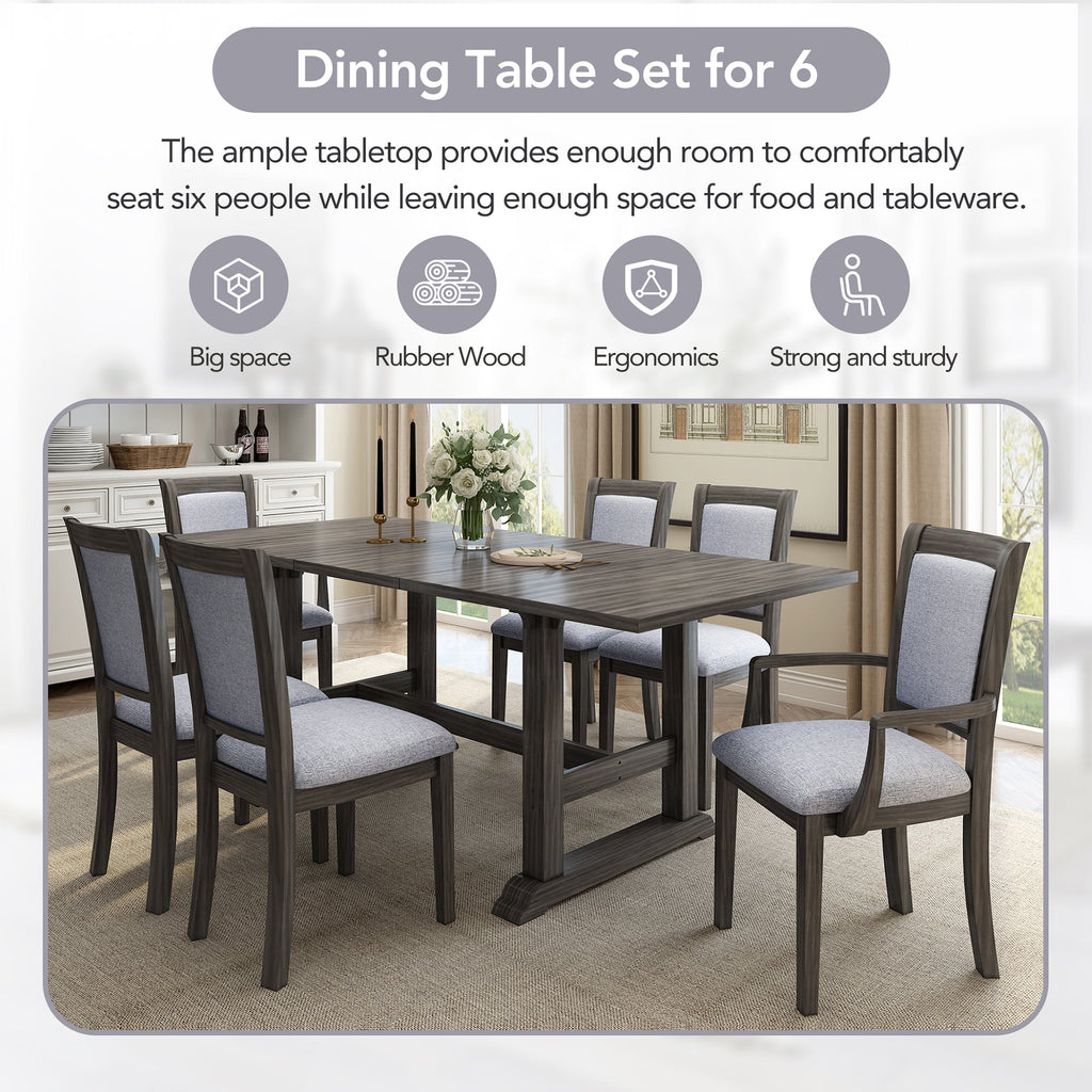 7-Piece Updated 76.9inch Extendable Trestle Dining Table Set With Removable Leaf, Kitchen Table Set With Upholstered Sid