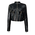 Heavy-duty PU Leather Moto-style Cropped Jacket With A Stand Collar And Zip Front