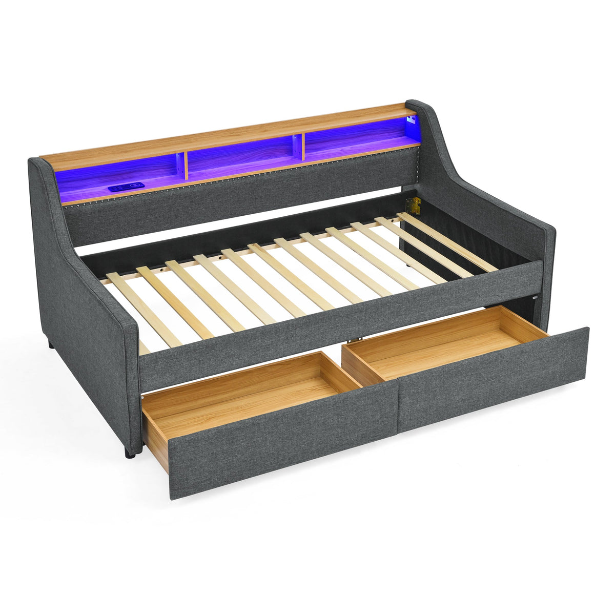 Twin Size Upholstery Sofa Bed With Three LED Lights, With Storage Adjustable Headboard, With Two Storage Pull Up Drawers