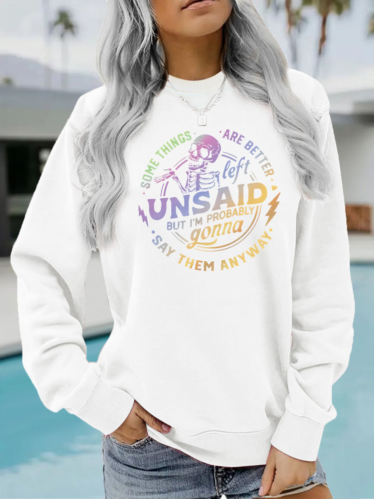 Sudadera con capucha de felpa y cuello redondo con estampado