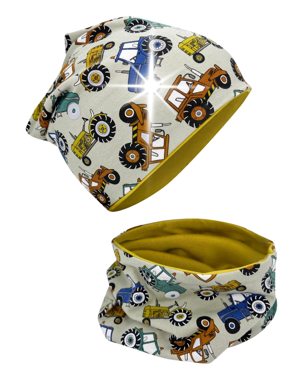 HECKBO 360° Reflektor Kinder Mütze & Loop Schal Set - 95% Baumwolle - weiches & pflegeleichtes Stretch-Material - Beanie Frühling Herbst Winter (48-54 cm)