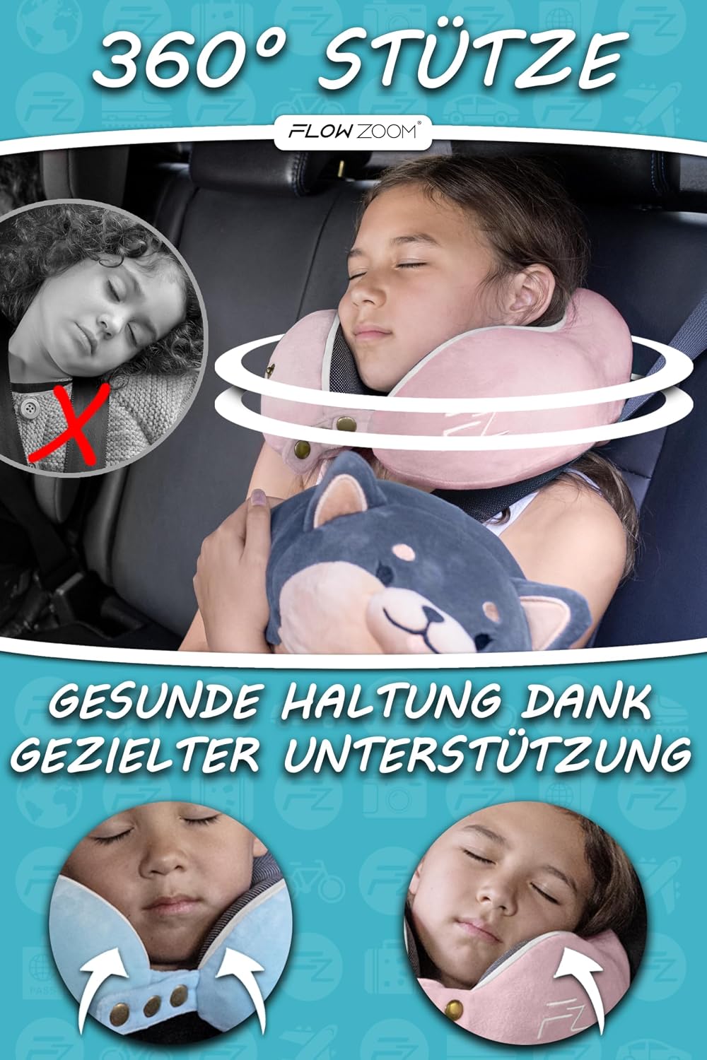 FLOWZOOM Comfy Nackenkissen Flugzeug & Auto mit Kapuze - Einstellbares Memory Foam Reisekissen mit Druckknöpfen für 360° Stütze, weicher Bezug - inkl. Transportbeutel - Grau