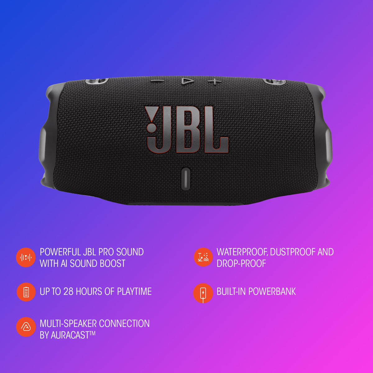 JBL Charge 6, Tragbarer Bluetooth-Lautsprecher, IP68 Zertifiziert -Schwarz