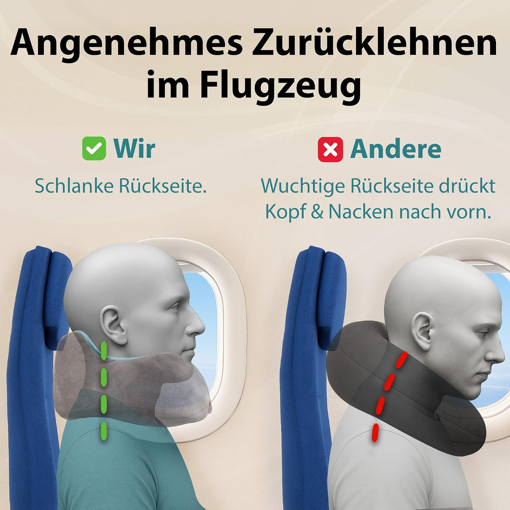 FLOWZOOM Comfy Nackenkissen Flugzeug & Auto mit Kapuze - Einstellbares Memory Foam Reisekissen mit Druckknöpfen für 360° Stütze, weicher Bezug - inkl. Transportbeutel - Grau