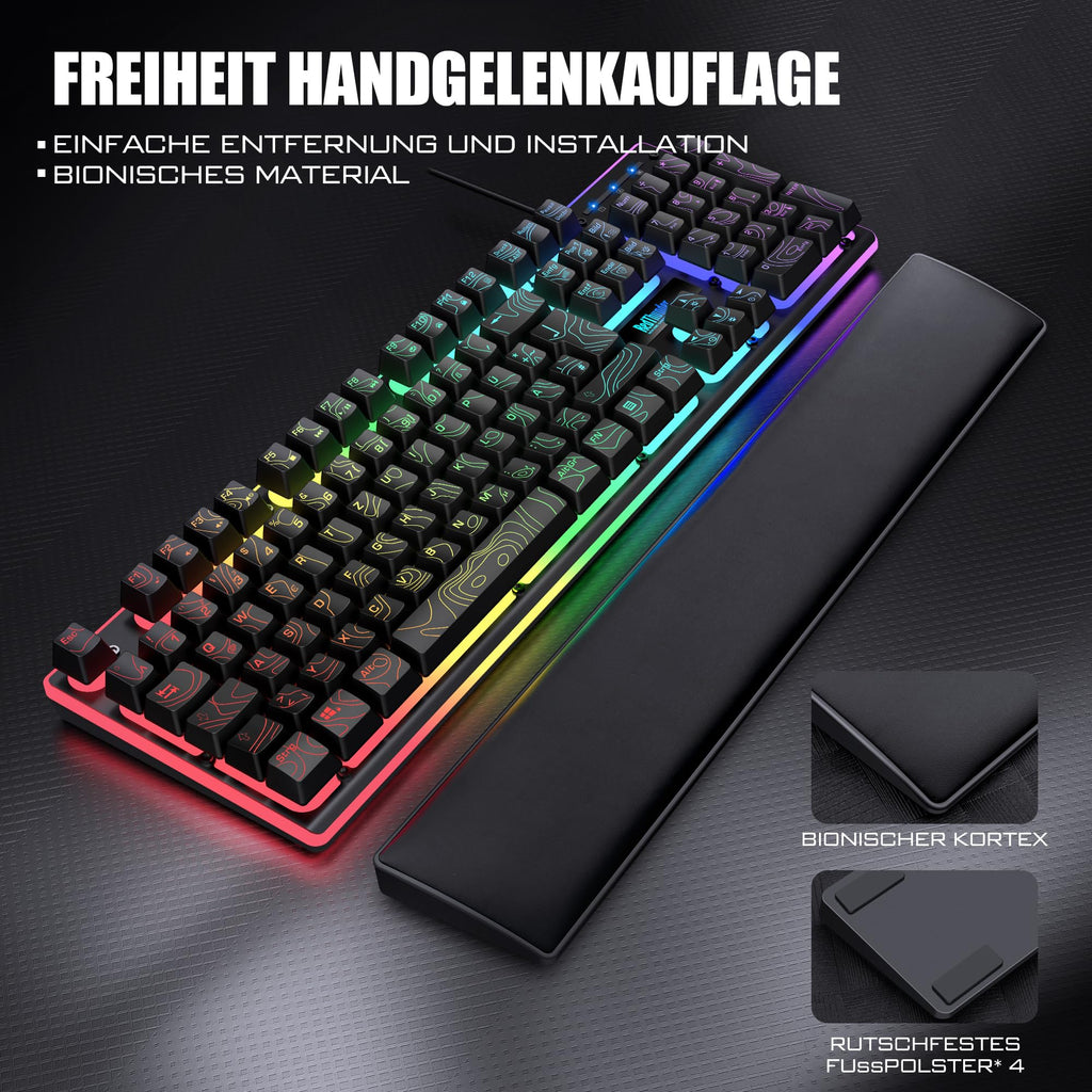 RedThunder K10 Gaming Tastatur und Maus Set, QWERTZ DE-Layout, Metallplatte und Handballenauflager，RGB-Hintergrundbeleuchtung - und 7D mit Ergonomische - für PC Mac Gamer(Weiß)