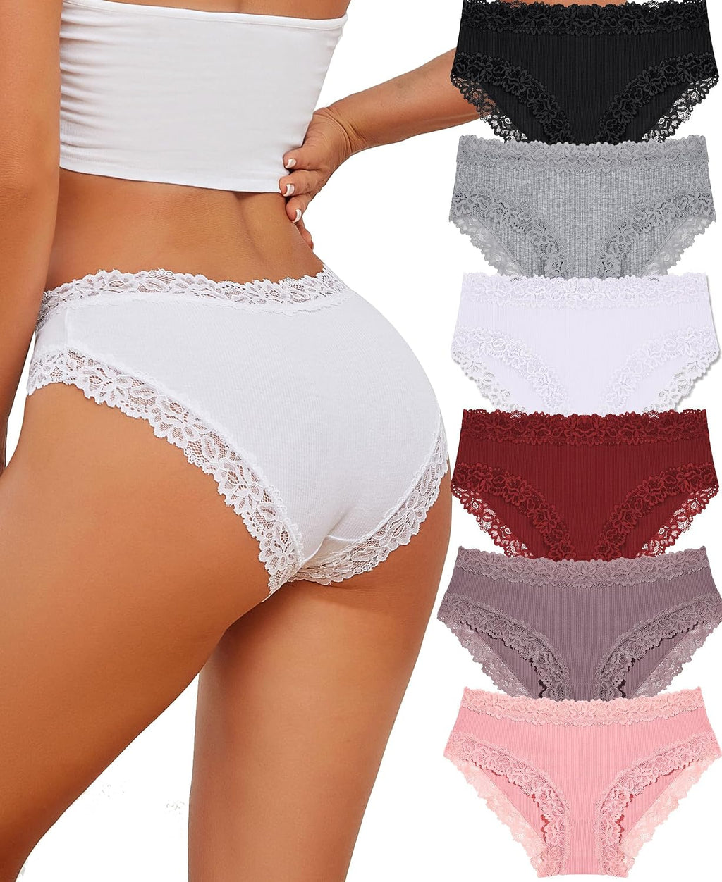 ALL OF SHE 6er-Pack Damen-Unterwäsche aus Baumwolle, Slips mit Spitze, weiche Hipster, sexy Unterhosen im Multipack
