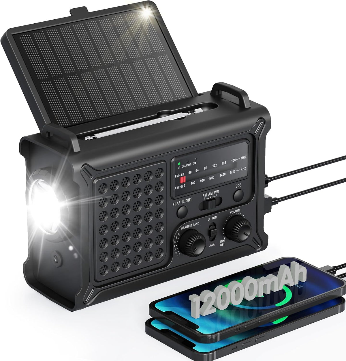12000mAh Kurbelradio, DAB+/UKW, Notfallradio mit 8500mm² Solarpanel & 650mA Handkurbel-Dynamo, Solar Radio mit Bluetooth 5.0, Taschenlampe & Ladegerät, USB, SOS, Tragbares Radio für Camping & Notfälle