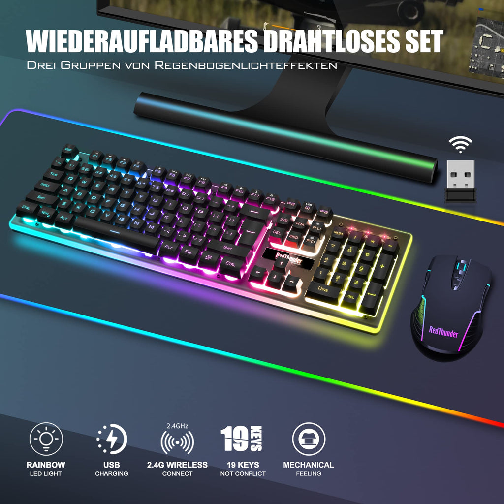 RedThunder K10 Kabelloses Gaming Tastatur und Maus Set, QWERTZ DE-Layout LED Hintergrundbeleuchtung, 3000mA Batteriekapazität und 3200 DPI für Gamer(Weiß)