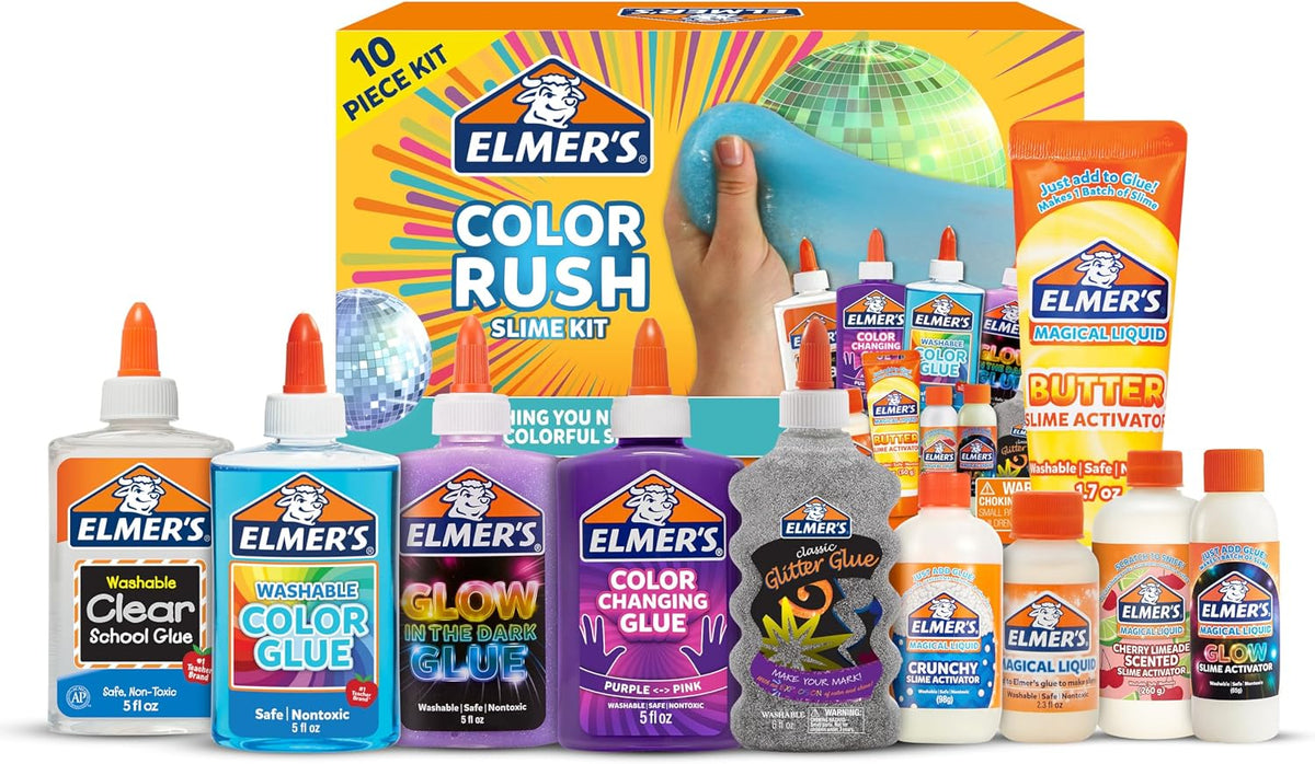 Elmer's Color Rush Slime-Set, enthält Flüssigkleber und Aktivator, für farbwechselnden Schleim, im Dunkeln leuchtenden Schleim, Butter-Slime und mehr, 10-teiliges Set – Perfekt für Geburtstagsfeiern, als Geschenkidee, Beschäftigung für Kinder