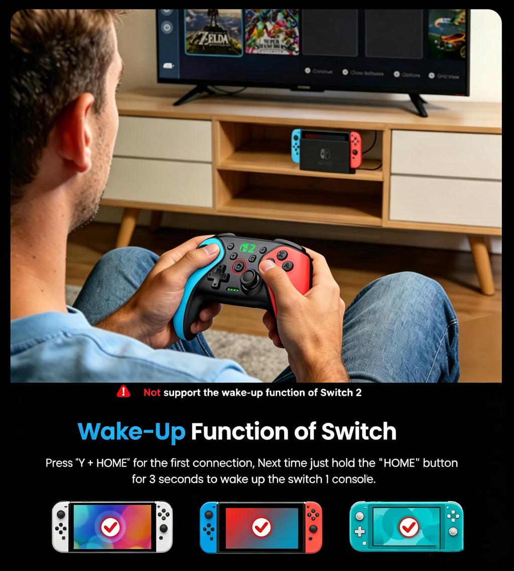 HELLCOOL Switch Controller, Kabellos Switch Pro Controller für Switch/Lite/OLED Konsole, Macro/Turbo/Aufwachfunktion, Präzise Steuerung, Dual Motors Vibration, 15 Std Spieldauer