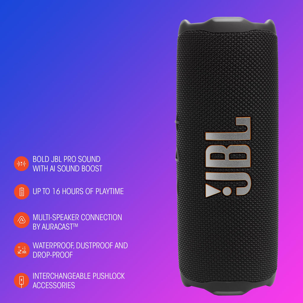 JBL Flip 7, kabelloser tragbarer Bluetooth-Lautsprecher, 16 Stunden Akkulaufzeit, IP68 wasserdicht, Staub- und stoßfest, JBL Pro Sound mit AI Boost, Auracast Multi-Speaker-Verbindung, Schwarz