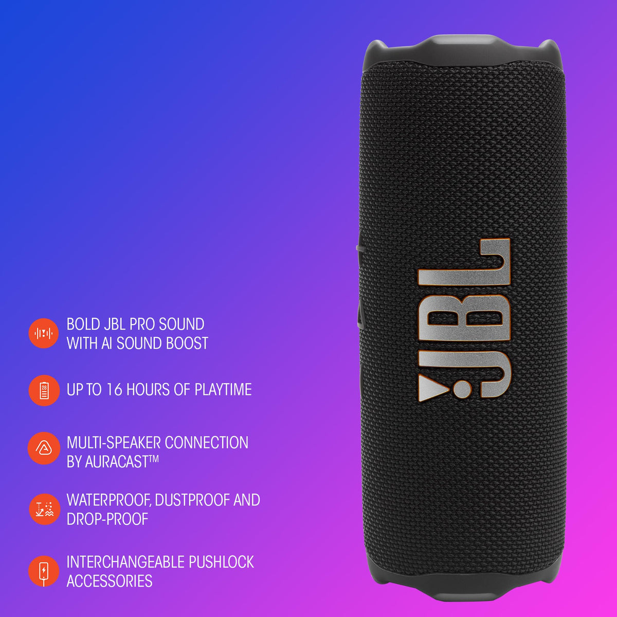 JBL Flip 7, kabelloser tragbarer Bluetooth-Lautsprecher, 16 Stunden Akkulaufzeit, IP68 wasserdicht, Staub- und stoßfest, JBL Pro Sound mit AI Boost, Auracast Multi-Speaker-Verbindung, Schwarz