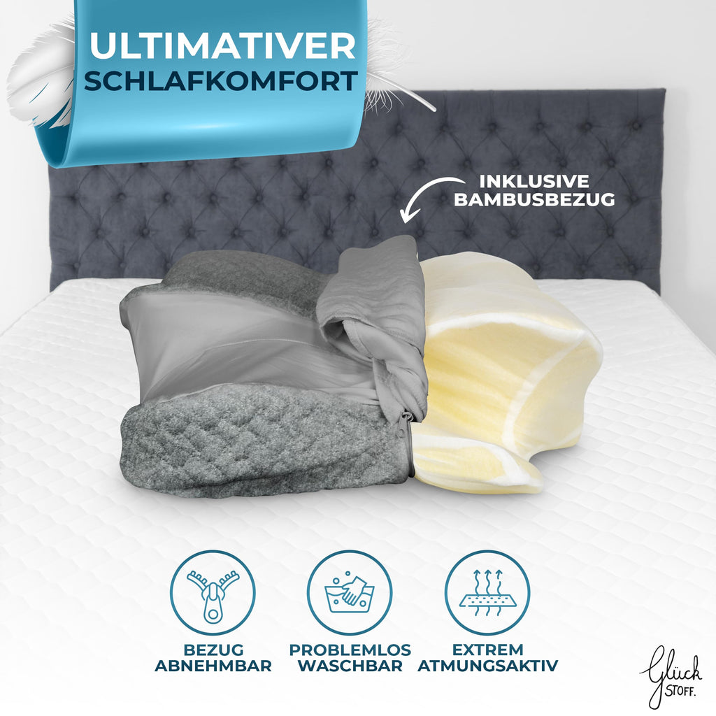 Glückstoff® Ergonomisches Kissen (für alle Schlaftypen) Kopfkissen aus Memory Foam | Nackenstützkissen Ergonomisches Kopfkissen Seitenschläferkissen Grau
