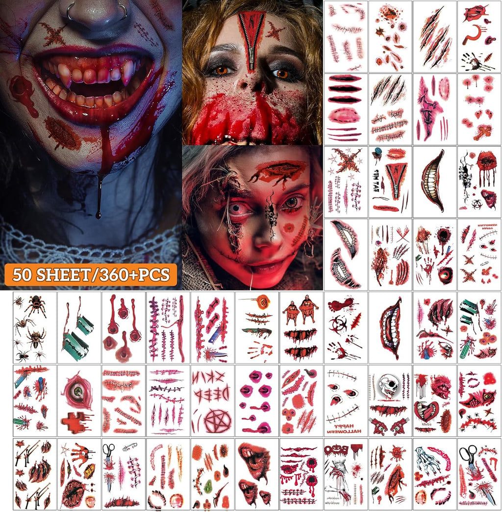 Tatouage Halloween Temporaire, 50 Feuilles Fausse Cicatrice Plaie Halloween