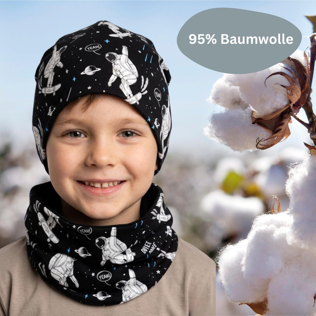 HECKBO 360° Reflektor Kinder Mütze & Loop Schal Set - 95% Baumwolle - weiches & pflegeleichtes Stretch-Material - Beanie Frühling Herbst Winter (48-54 cm)