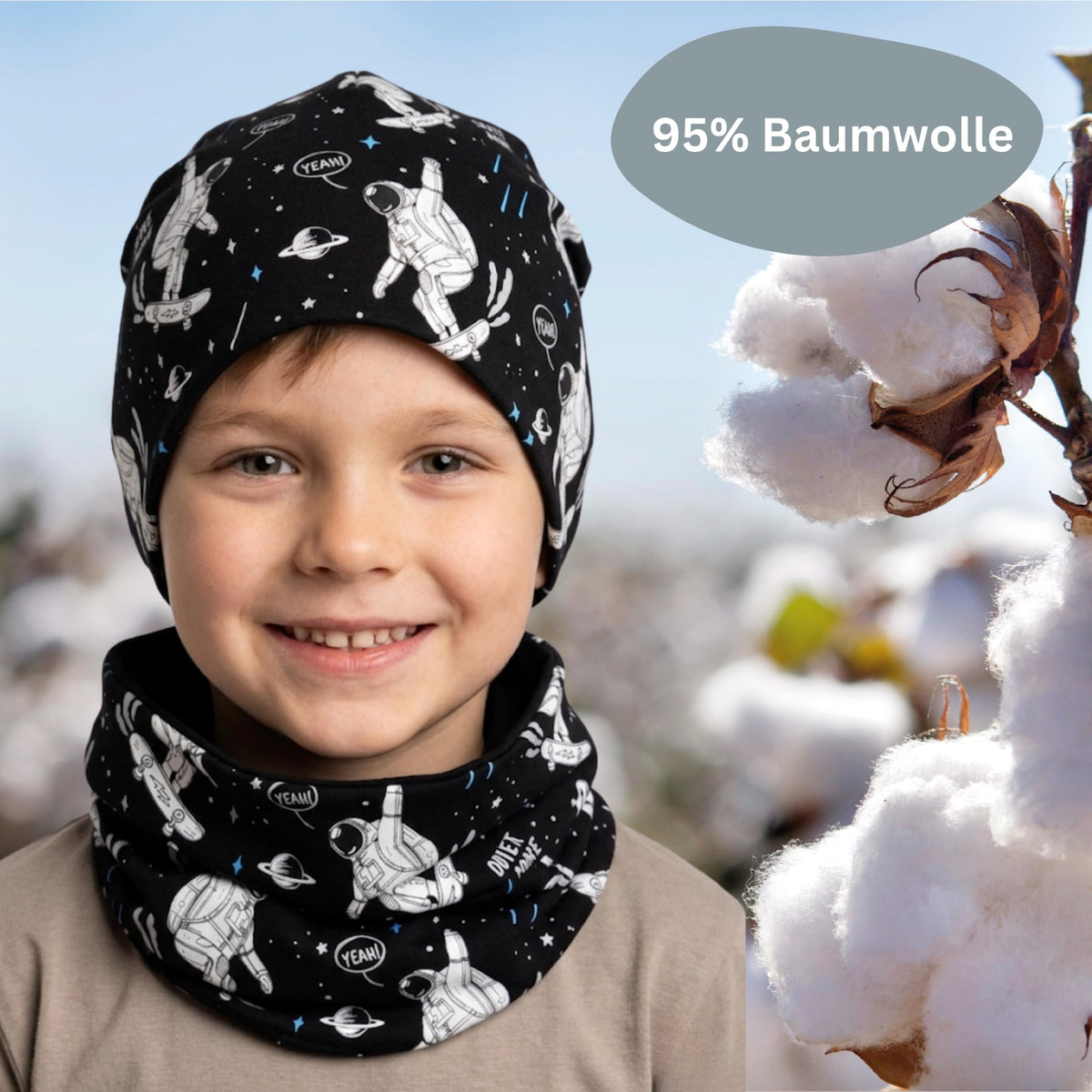 HECKBO 360° Reflektor Kinder Mütze & Loop Schal Set - 95% Baumwolle - weiches & pflegeleichtes Stretch-Material - Beanie Frühling Herbst Winter (48-54 cm)