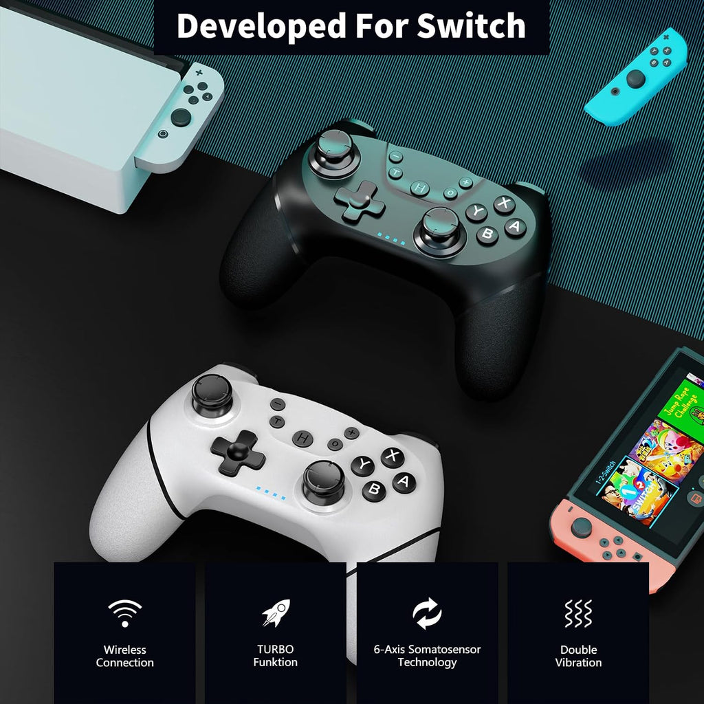 AceGamer 2pcs Wireless Controller für Switch 2/1/Lite/OLED, Controller für Switch Pro mit Weckfunktion mit Einer Taste，Pro Gamepad mit Doppel Vibration/Turbo/Screenshot (Schwarz & Weiß)