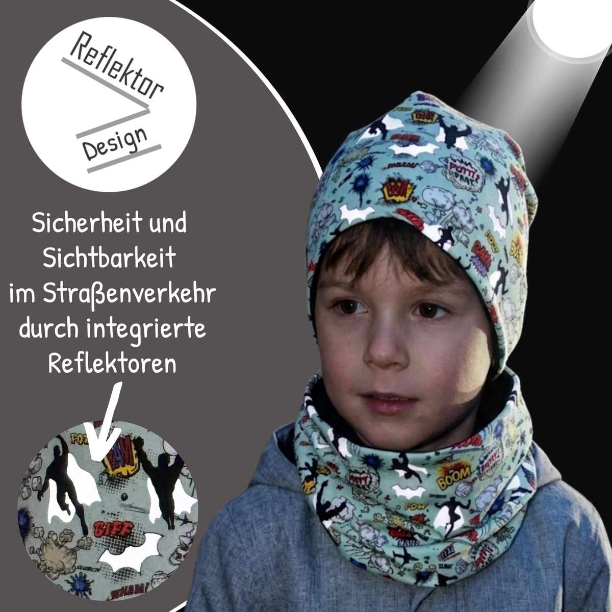 HECKBO 360° Reflektor Kinder Mütze & Loop Schal Set - 95% Baumwolle - weiches & pflegeleichtes Stretch-Material - Beanie Frühling Herbst Winter (48-54 cm)