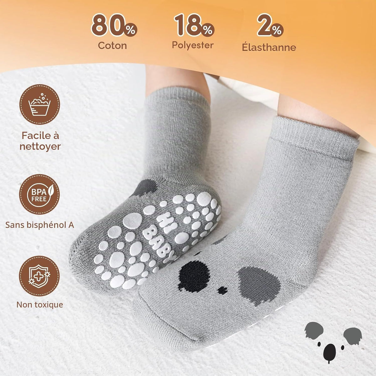 SockWaddles Chaussettes de bébé, 5 paires de chaussettes antidérapantes ABS respirantes pour enfants, chaussettes de bébé en coton, garçons et filles avec des animaux et des licornes
