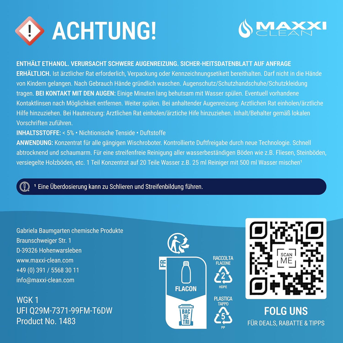 Maxxi Clean 1 x 750 ml Reinigungsmittel für Saugroboter mit Wischfunktion I Konzentrat mit Frische Duft I Universalreiniger für Fliesen, Laminat, Parkett I kompatibel mit gängigen Herstellern