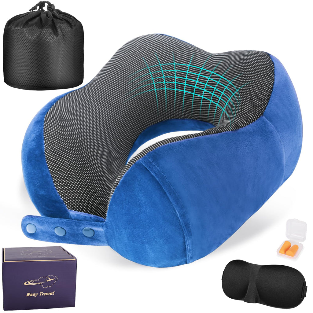 Cirorld Travel Pillow for Airplane, Neck Pillow for Travel, Memory Foam Travel Neck Pillow for Adults, Adjustable & Compact Flight Pillow, Ergonomic Neck Cushion, With Ear Plugs, Eye Mask, Carry Bag