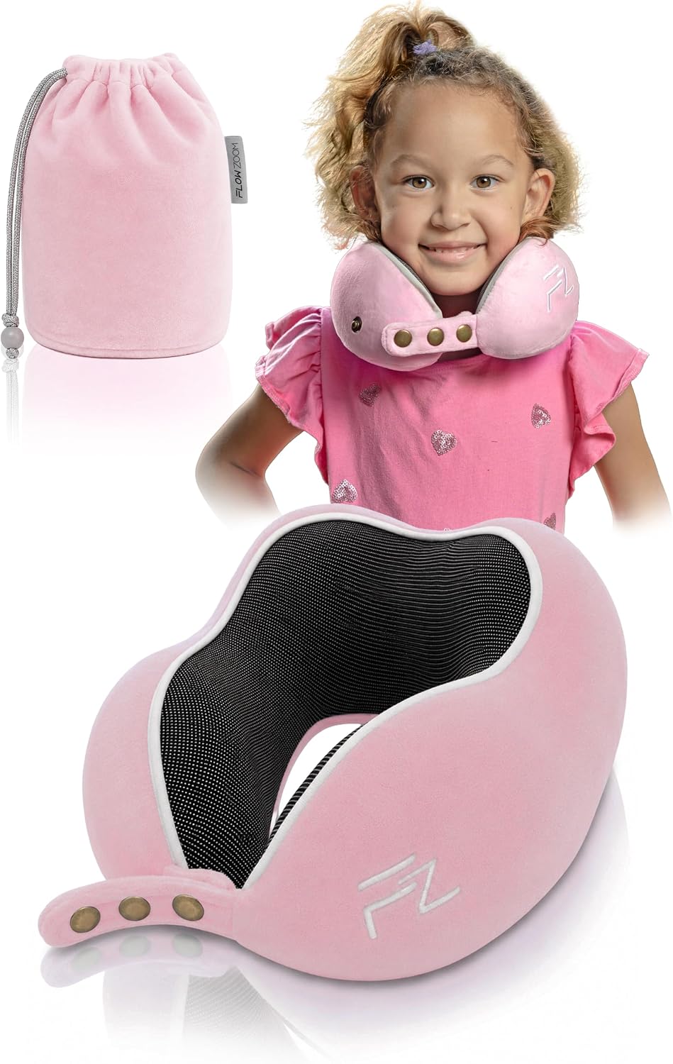 FLOWZOOM Comfy Nackenkissen Flugzeug & Auto mit Kapuze - Einstellbares Memory Foam Reisekissen mit Druckknöpfen für 360° Stütze, weicher Bezug - inkl. Transportbeutel - Grau