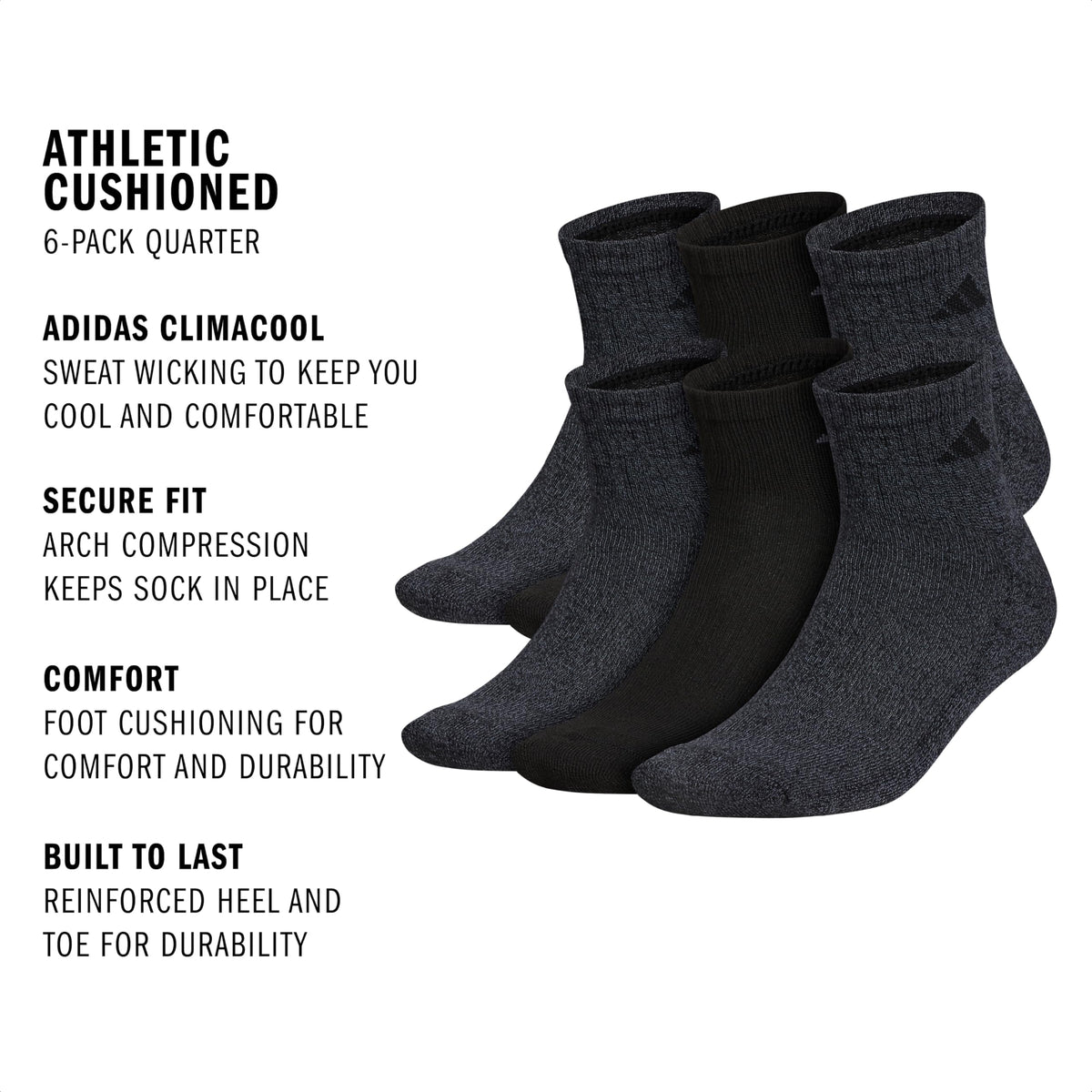adidas Men's Athletic Cushioned Quarter Ankle Socks 6 Pairs