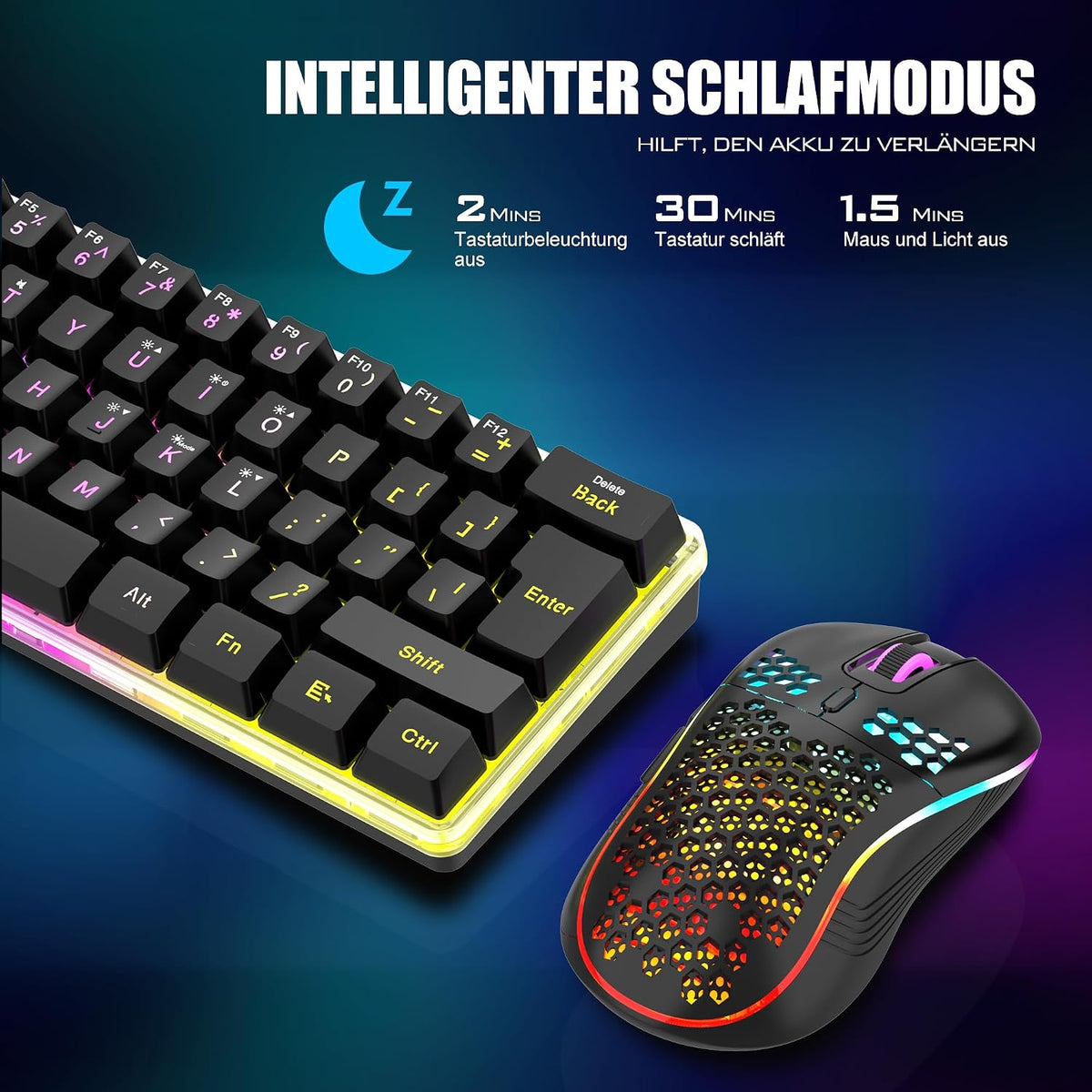 RedThunder 60% Kabelloses RGB Gaming Tastatur und Maus Set, QWERTZ DE Layout, Wiederaufladbare Funktastatur mit Ultraleichte Gaming Maus mit Wabenkonstruktion, für PC MAC PS5 Xbox Gamer, Büro.