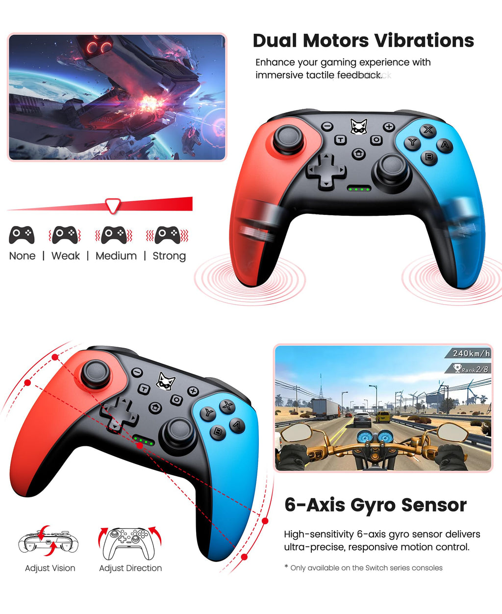 HELLCOOL Switch Controller, Kabellos Switch Pro Controller für Switch/Lite/OLED Konsole, Macro/Turbo/Aufwachfunktion, Präzise Steuerung, Dual Motors Vibration, 15 Std Spieldauer