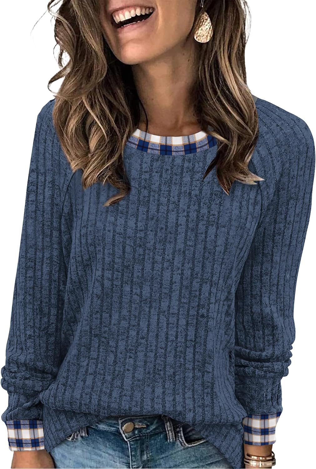 WIHOLL Langarmshirts für Damen Leichte Pullover Herbstoutfits 2026 Color-Block Winterkleidung Schick Lässig Weich