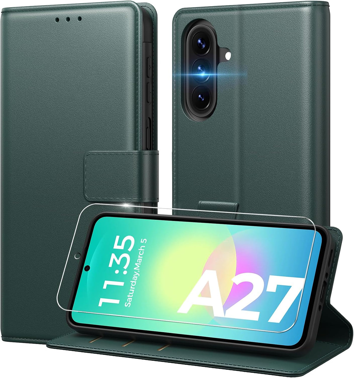 Peakally Handyhülle für Samsung Galaxy A17 5G Hülle [Mit 1 Stück Panzer Schutz Glas] [Premium PU Leder] [RFID-Blockierung] [Kartenfach] Klapphülle kompatibel mit Galaxy A17 5G / 4G - Grün