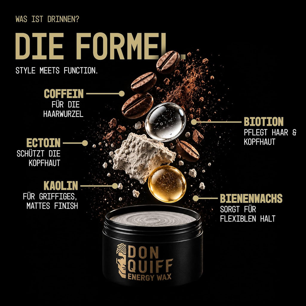 Don Quiff Energy Wax – Haarwachs für Männer aus Die Höhle der Löwen – starker matter Halt, Clay Pomade mit Coffein, Biotin & Ectoin, UVA/UVB-Filter – 80 ml – Made in Germany
