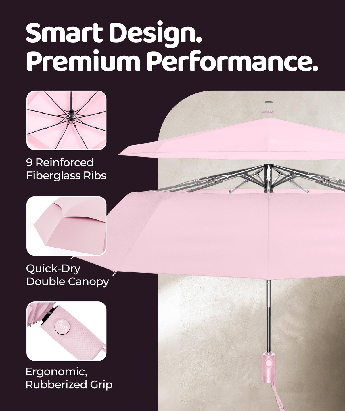 Windproof Travel Umbrella - Compact & Withstands Winds up to 100MPH, Strongest Premium Auto Folding Umbrella for Rain and Sun - Durable, Light & Portable for Women & Men, Fits Backpack & Cars