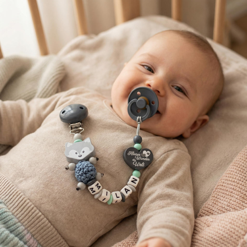 Schnullerband mit Namen für Mädchen & Jungen personalisierte Baby Geschenke (REH Herzchen)