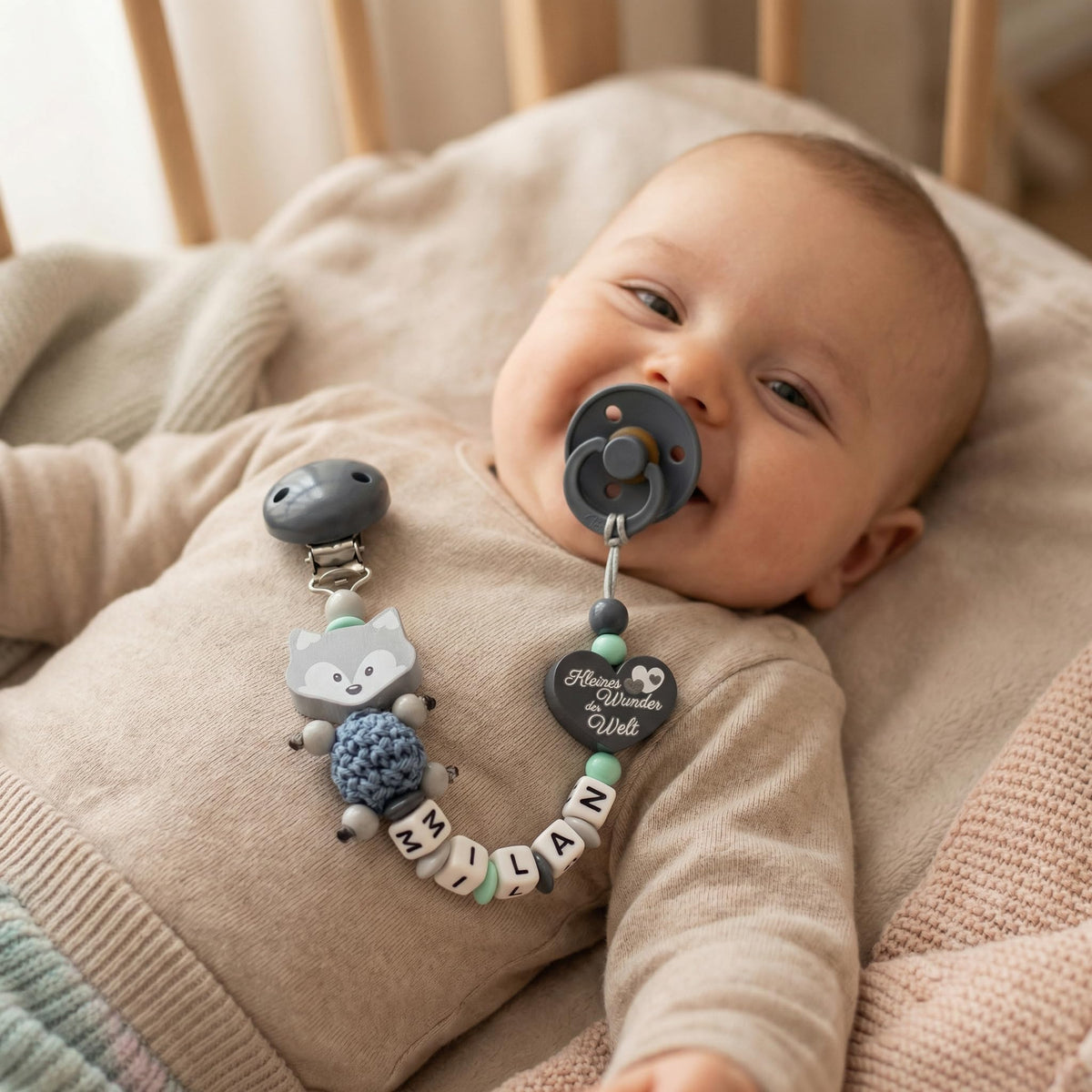 Schnullerband mit Namen für Mädchen & Jungen personalisierte Baby Geschenke (REH Herzchen)