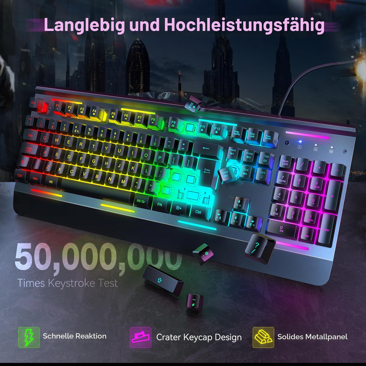 TECKNET Gaming Tastatur 105 Tasten Membrantastatur mit Vollmetall-Gehäuse