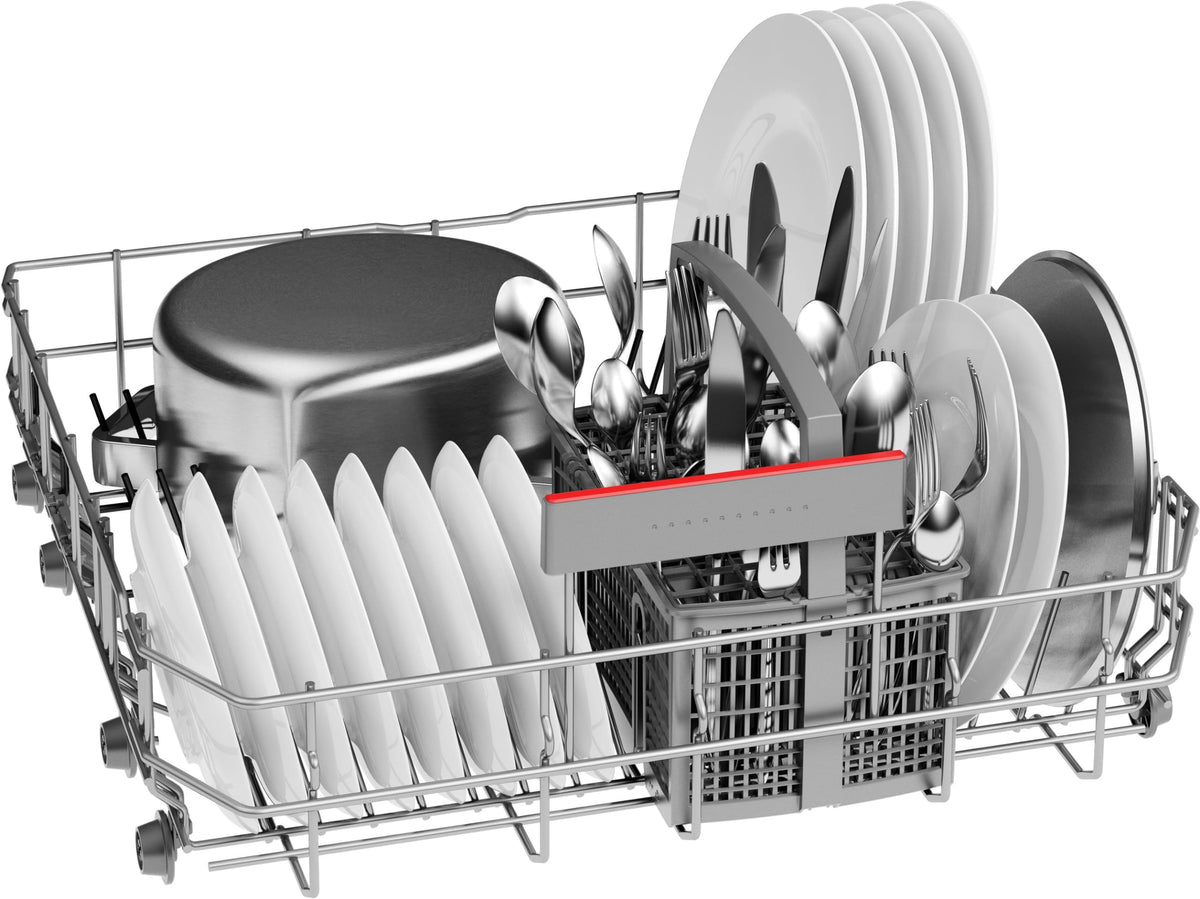 Bosch SMU4EVS08E, Serie 4, Smarter Unterbau-Geschirrspüler 60 cm, Besteckschublade, Spülmaschine mit Programmassistent, besonders Leise, höhenverstellbarer Oberkorb, Automatische Türöffnung, Edelstahl